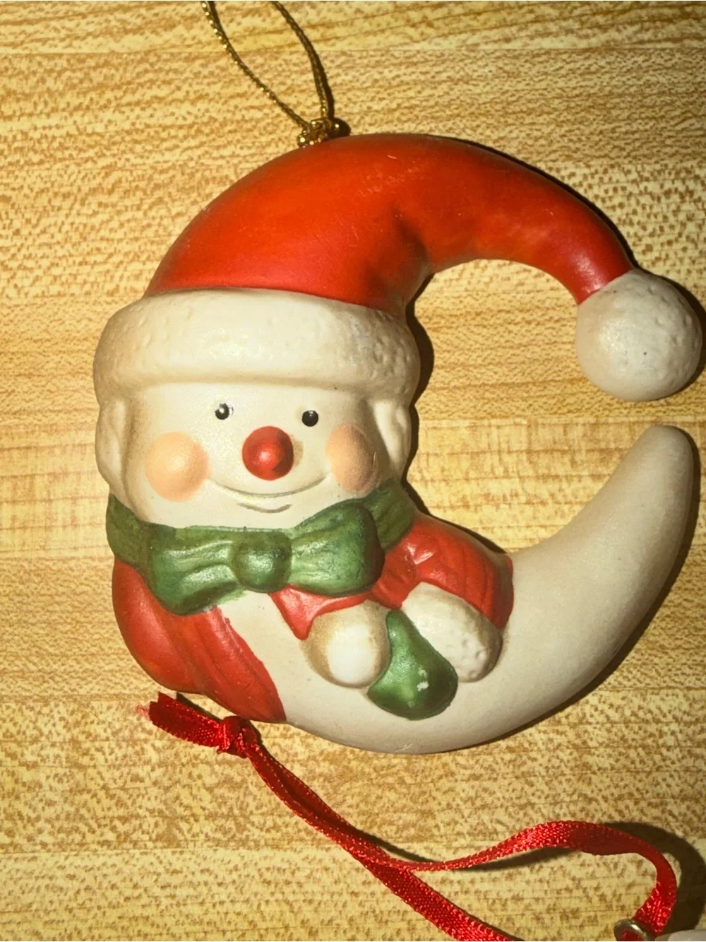 Vintage Set of 3 Festive Crescent Christmas Ornaments - Santa,‎ Snowman & Elf